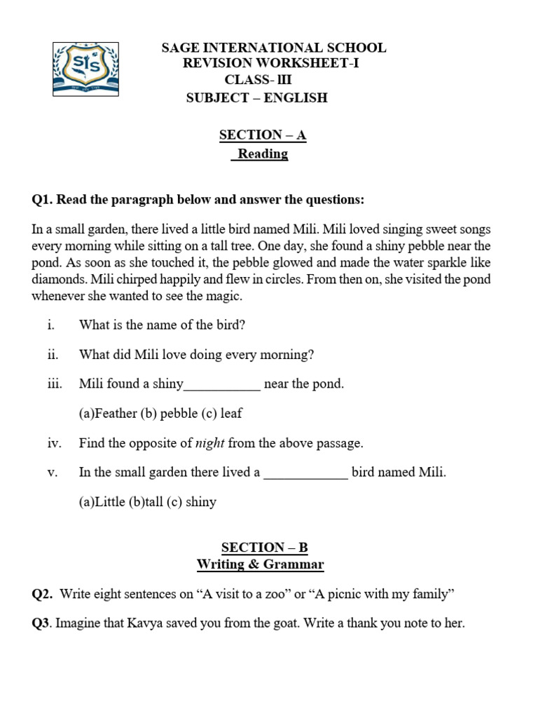 Class 3 English Revision Worksheet | PDF | Language Mechanics ...