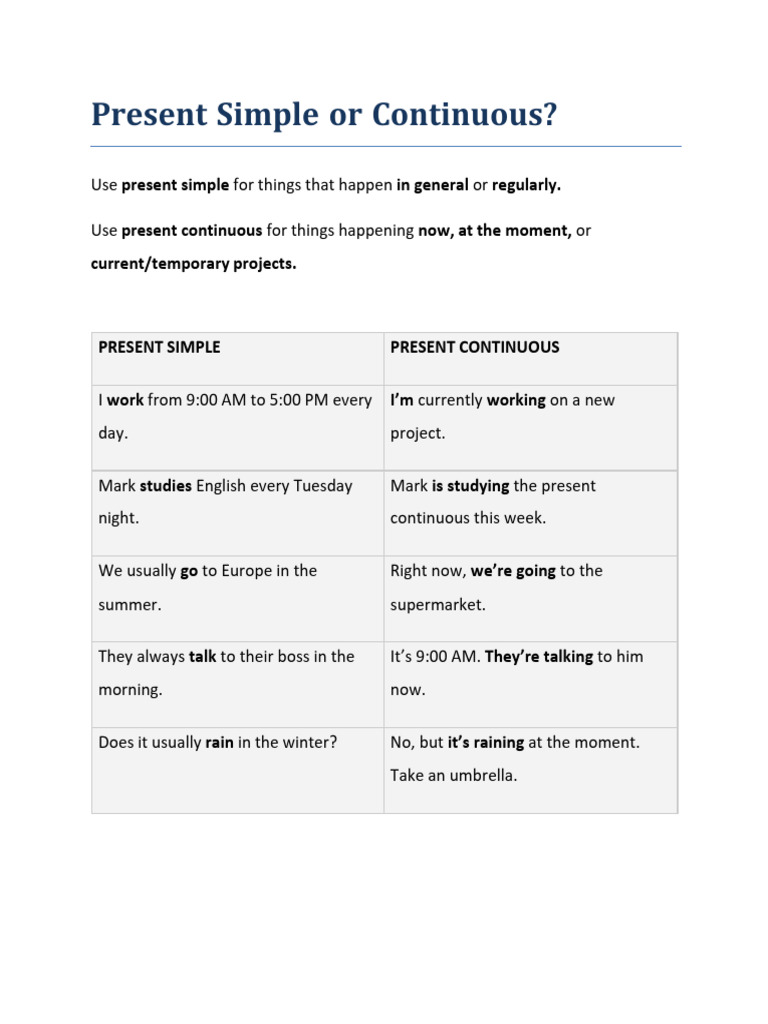 Present Simple vs Continuous Guide | PDF
