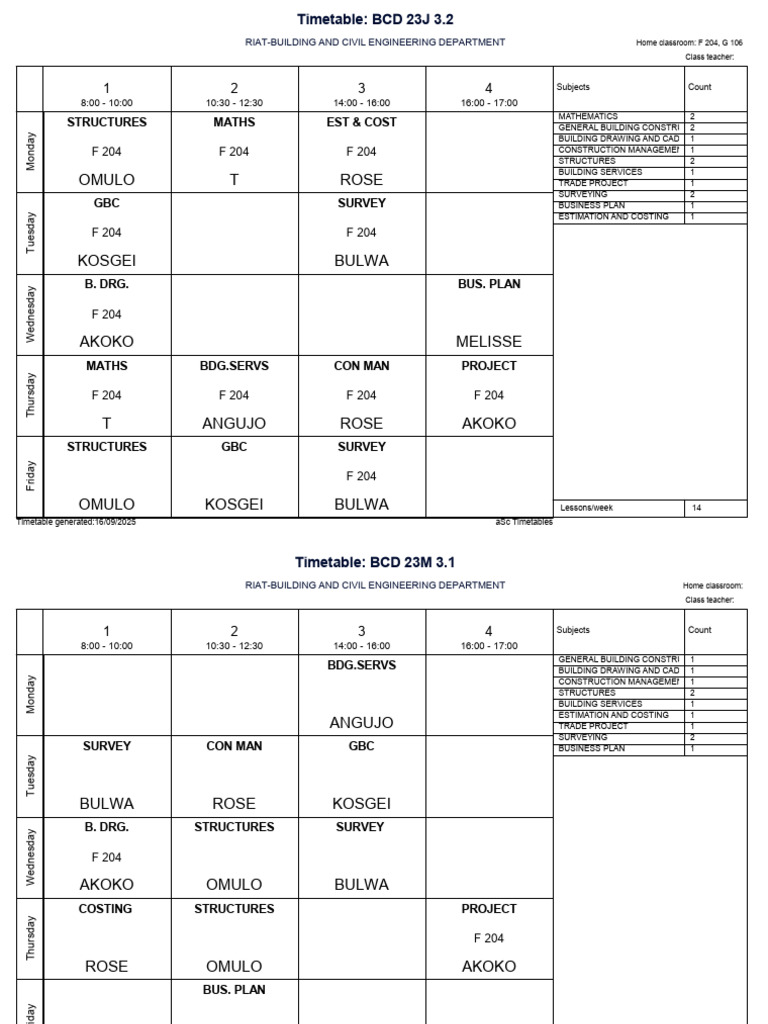 Building and Civil Engineering Timetable | PDF | Science | Civil ...