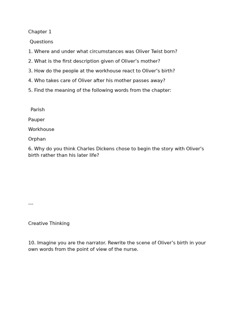 Oliver Twist Chapter 1 Analysis Questions | PDF