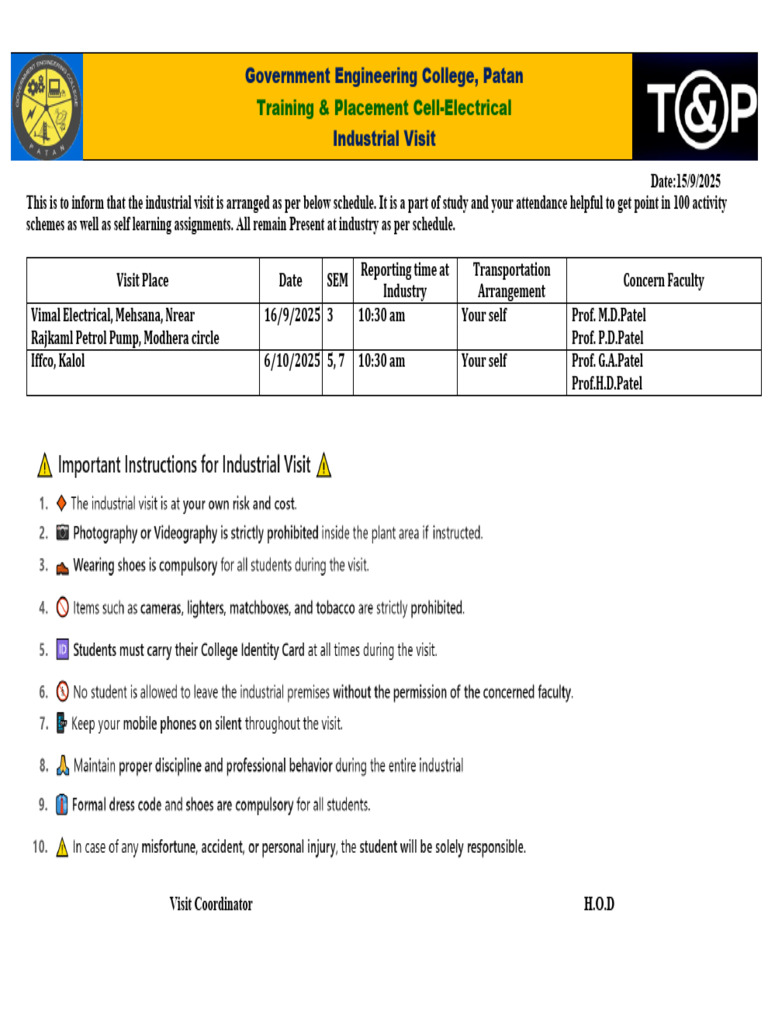 Industrial Visit Schedule for Students | PDF