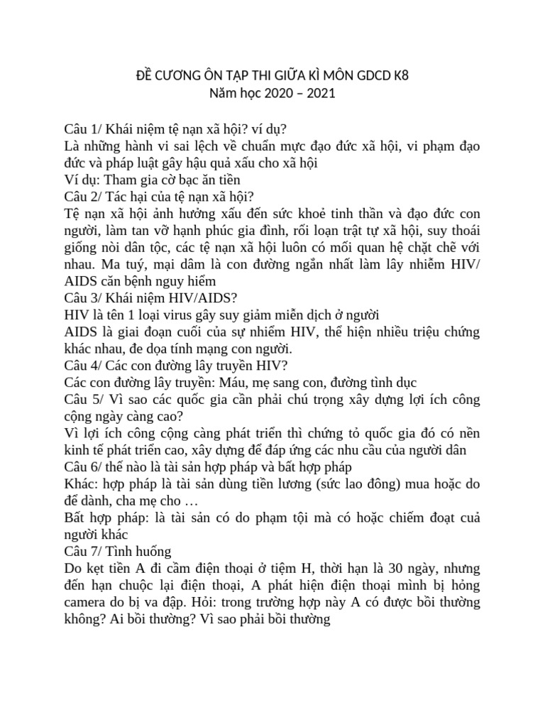 Đề Cương Ôn Tập Thi Giữa Kì Môn GDCD K8 | PDF