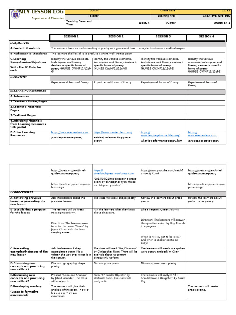 Creative Writing Lesson Plan: Poetry | PDF | Poetry | Learning