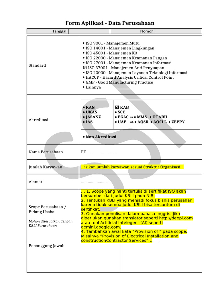 Form Aplikasi Data Perusahaan ISO | PDF