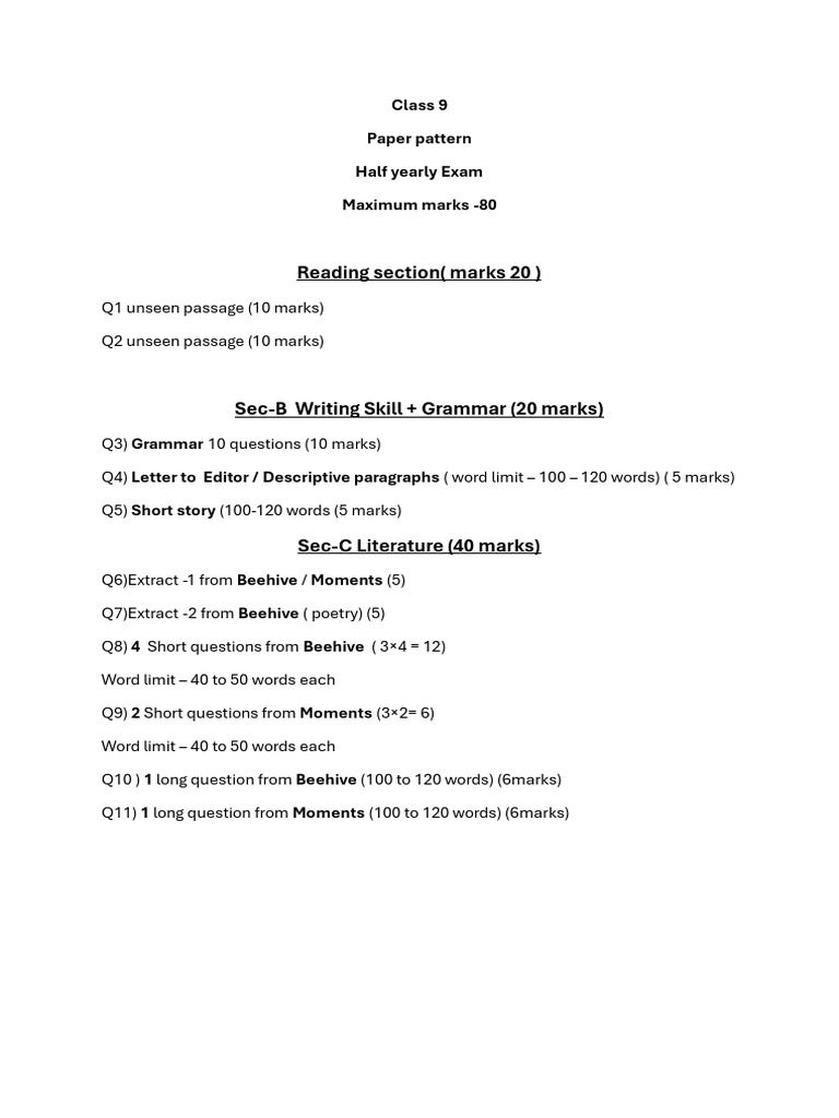 Class 9 Half-Yearly Exam Paper Pattern | PDF