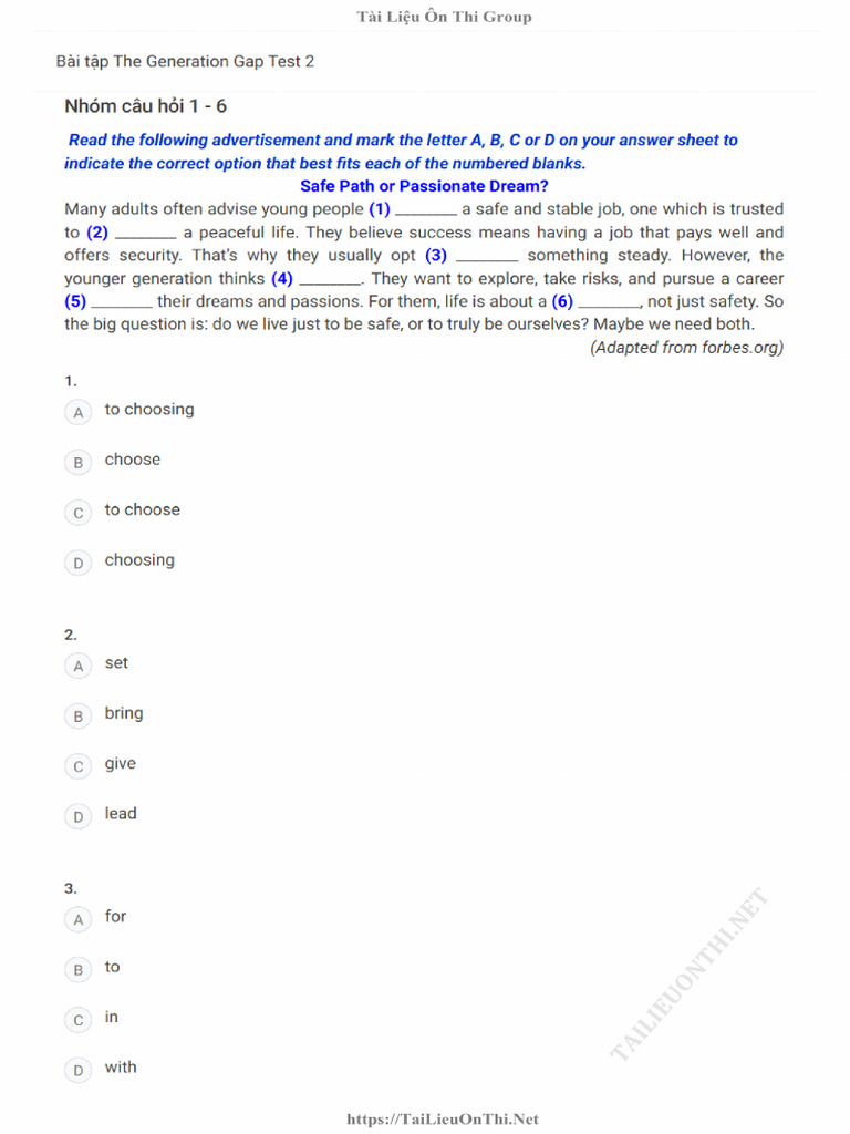 Bài Tập the Generation Gap Test 2 | PDF
