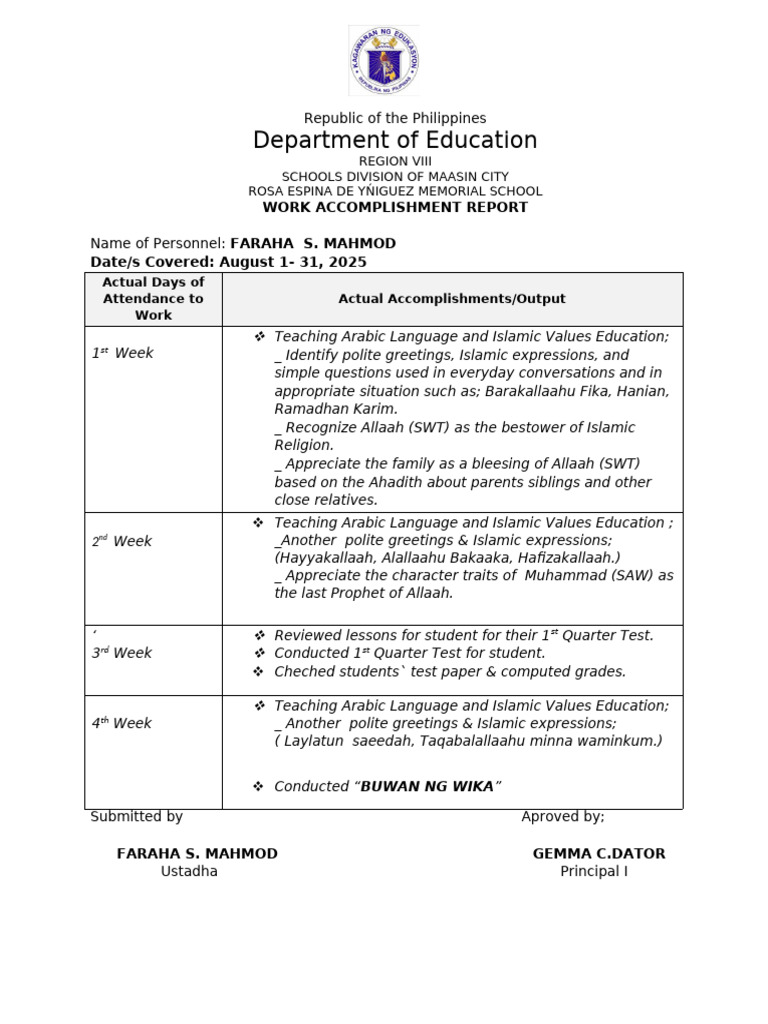 August 2025 Work Accomplishment Report | PDF