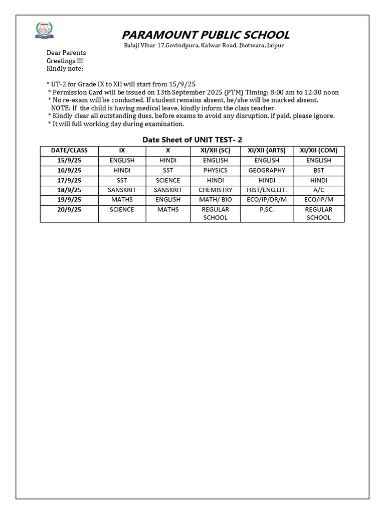 Paramount Public School: Date Sheet of UNIT TEST-2 | PDF
