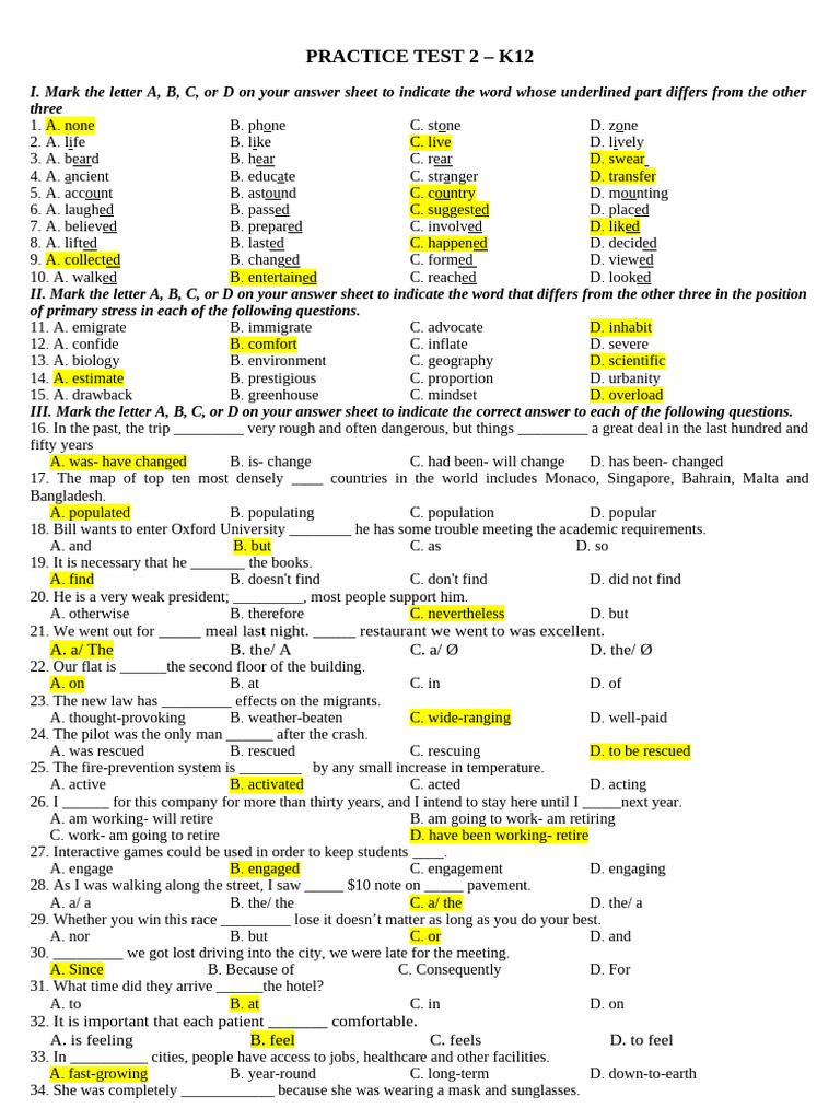 K12 Practice Test 2: Vocabulary & Grammar | PDF