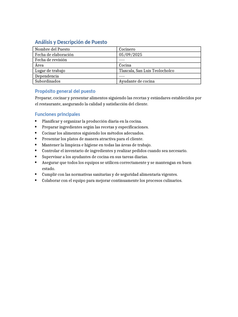 Descripción del Puesto de Cocinero | PDF