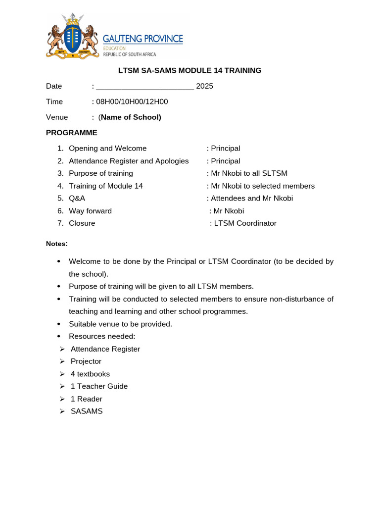 SA-SAMS Module 14 Training Agenda | PDF