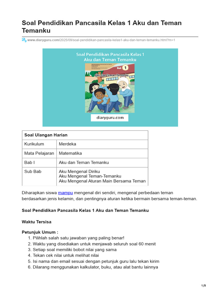 Soal Pendidikan Pancasila Kelas 1 Aku Dan Teman Temanku | PDF