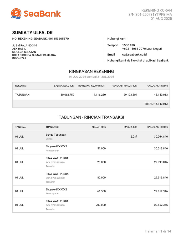 Contoh Rekening Seabank 2025 | PDF
