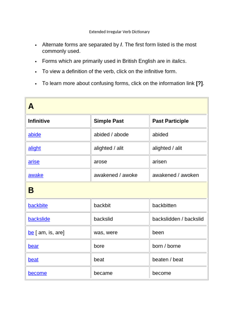 Extended Irregular Verb Dictionary | PDF | Language Mechanics ...