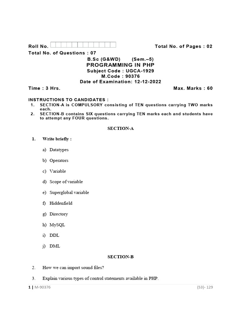 BSC 5 Sem GWD Programming in PHP 90376 Dec 2022 | PDF