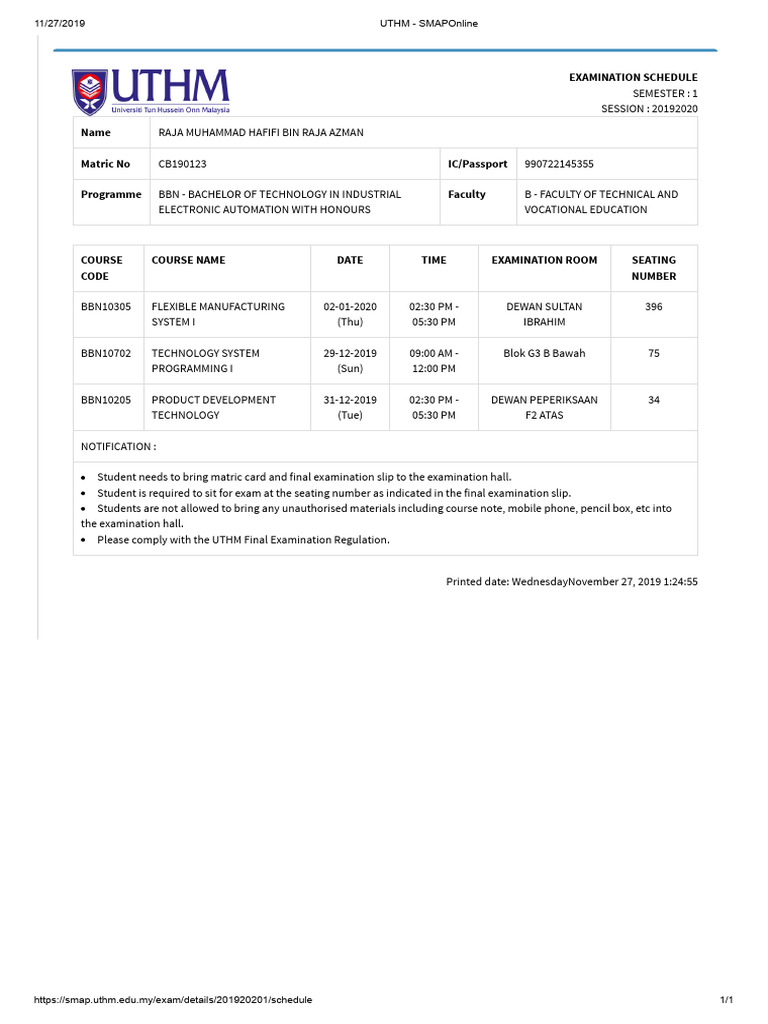 UTHM Semester 1 Exam Schedule 2019-2020 | PDF | Educational Stages ...