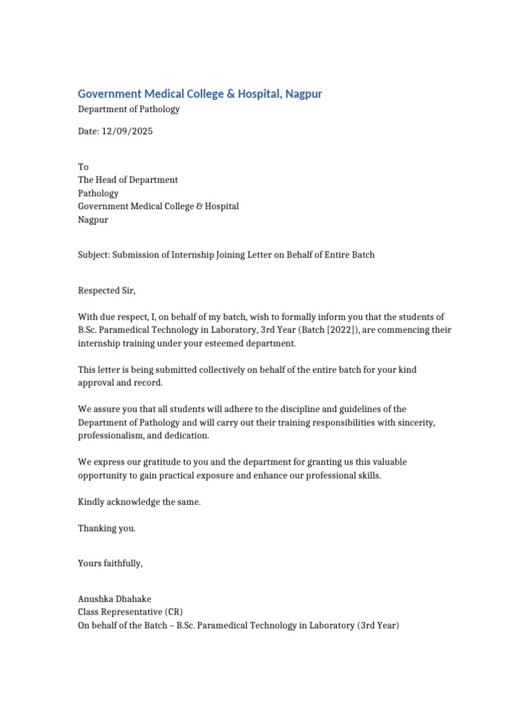 Internship Joining Letter | PDF