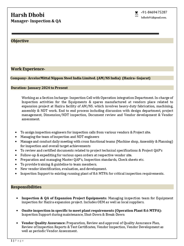 Harsh Dhobi CV Manager - QA & Inspection-1 | PDF | Quality Assurance ...