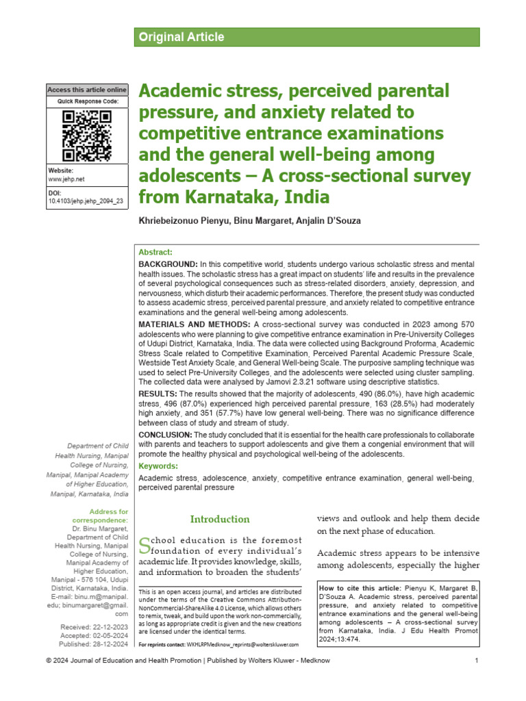 Academic Stress and Anxiety in Adolescents | PDF | Anxiety | Adolescence