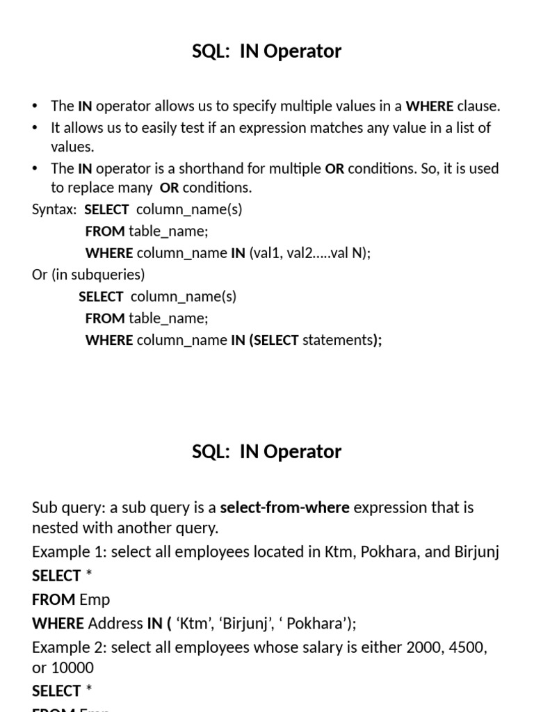 SQL IN, NOT IN, BETWEEN, LIKE Operators | PDF | Software Engineering ...