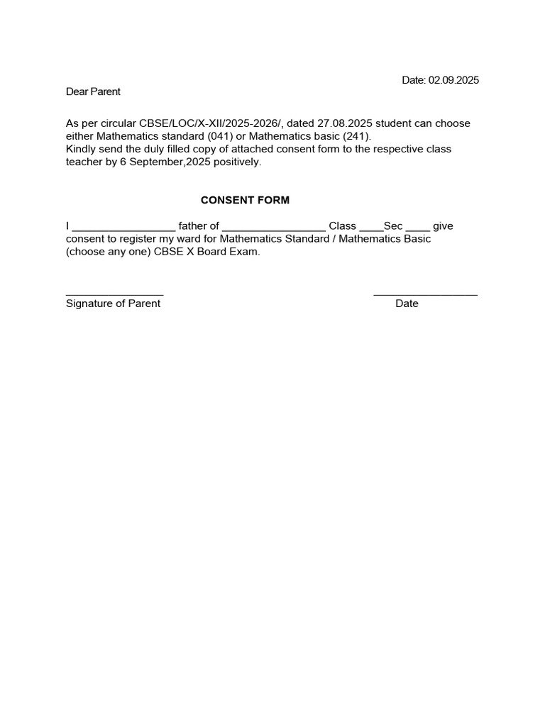 Consent for Math Exam Registration | PDF