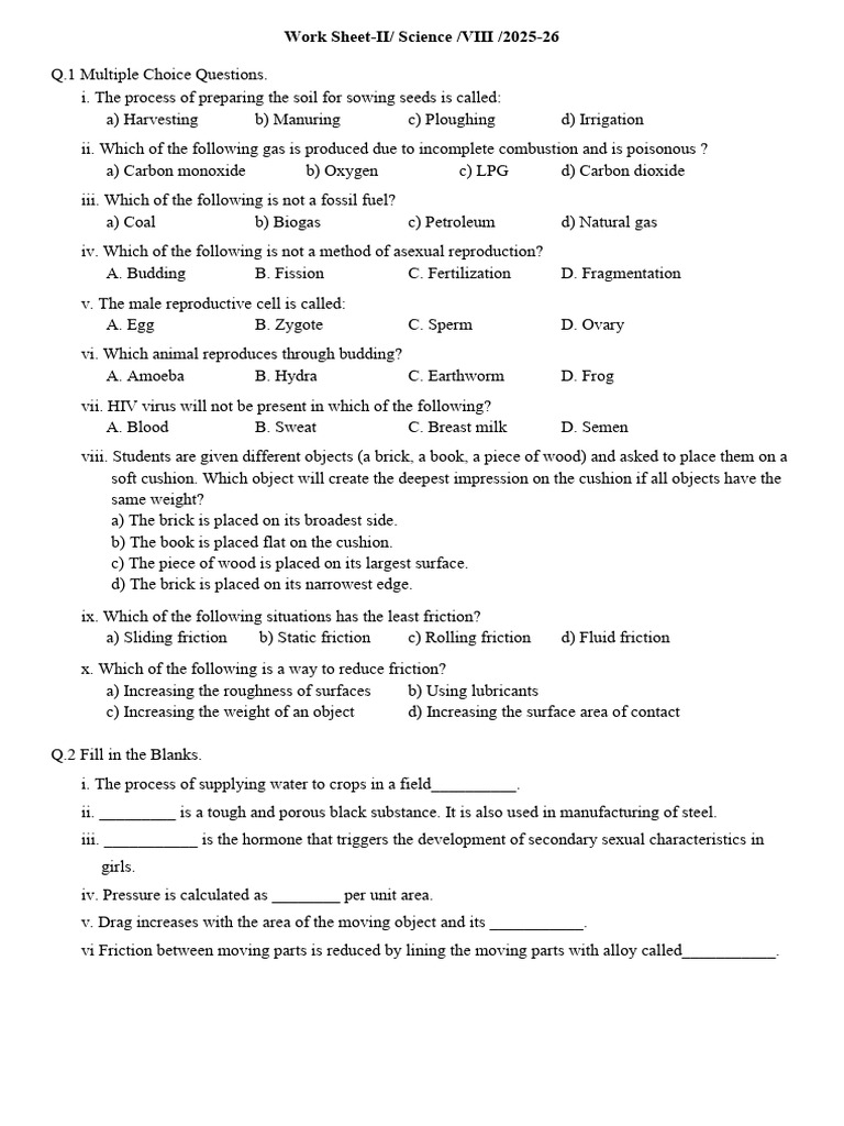 Science Worksheet for Class VIII 2025-26 | PDF | Friction | Shoe