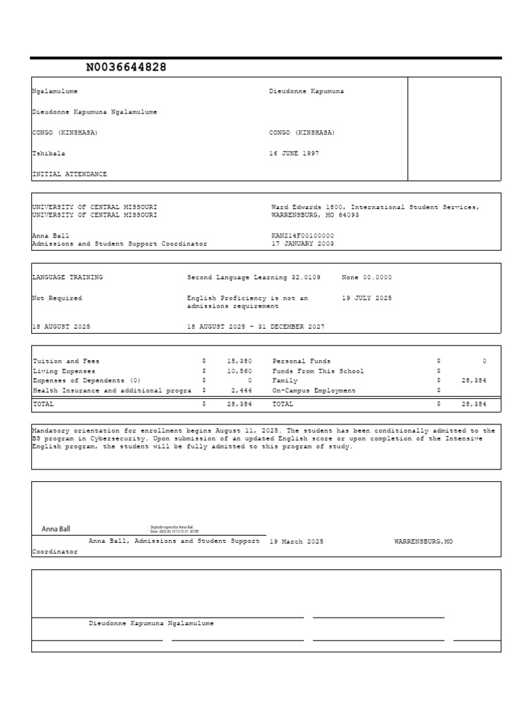 I-20 Form for Dieudonne Ngalamulume | PDF | Travel Visa | Government