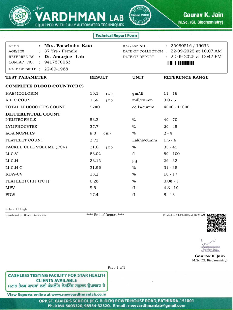 Mrs. Parwinder Kaur: 25090516 / 19633: 37 Yrs / Female: 22-09-2025 at ...