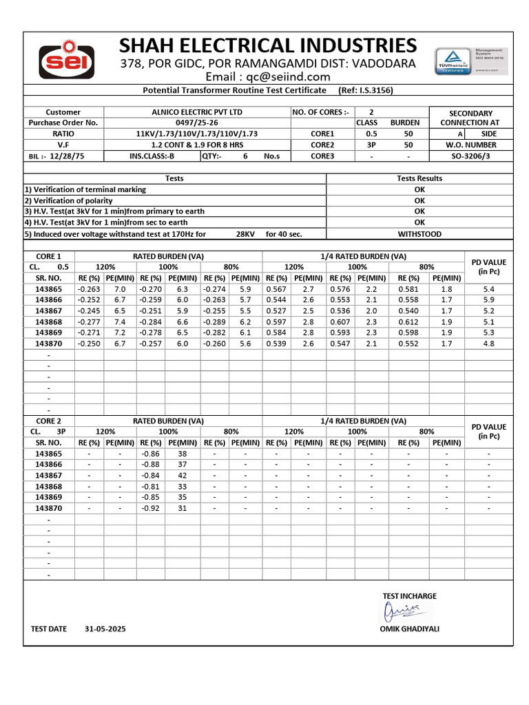 Potential Transformer Test Certificate | PDF | Electrical Components ...