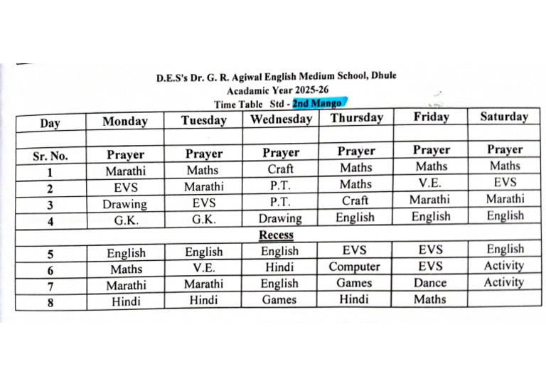 Time Table 2nd Mango | PDF