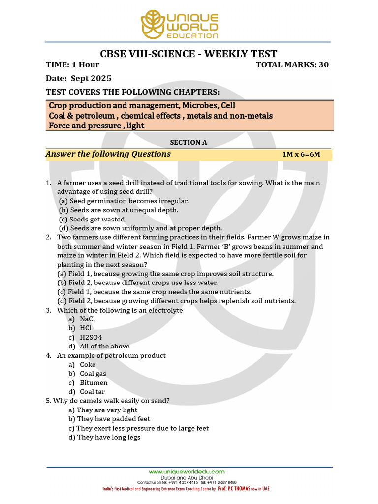 CBSE Class 8 Science Weekly Test | PDF | Sowing | Seed