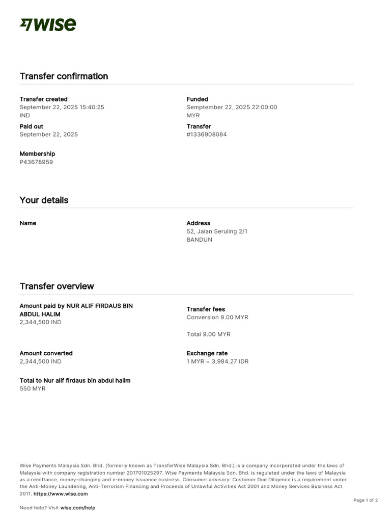 Wise Transaction Invoice Transfer 1336908084 4452906170 en | PDF ...