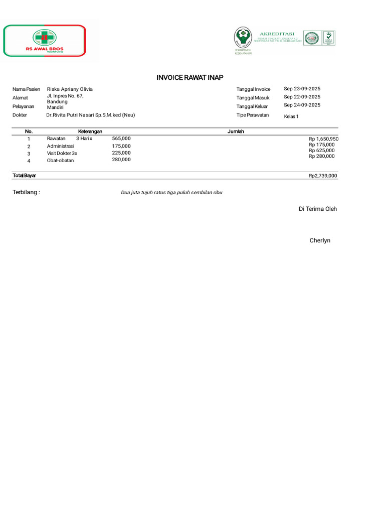 Invoice Rawat Inap Pasien Riska Olivia | PDF