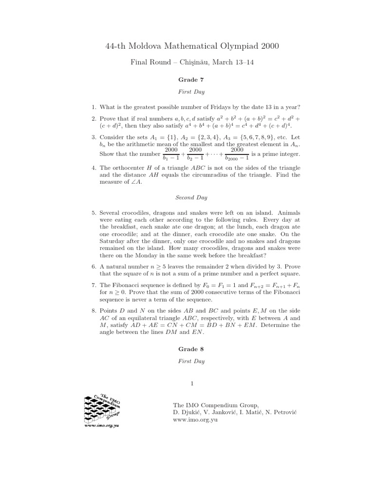 Moldova Mathematical Olympiad 2000 Problems | PDF | Numbers | Triangle