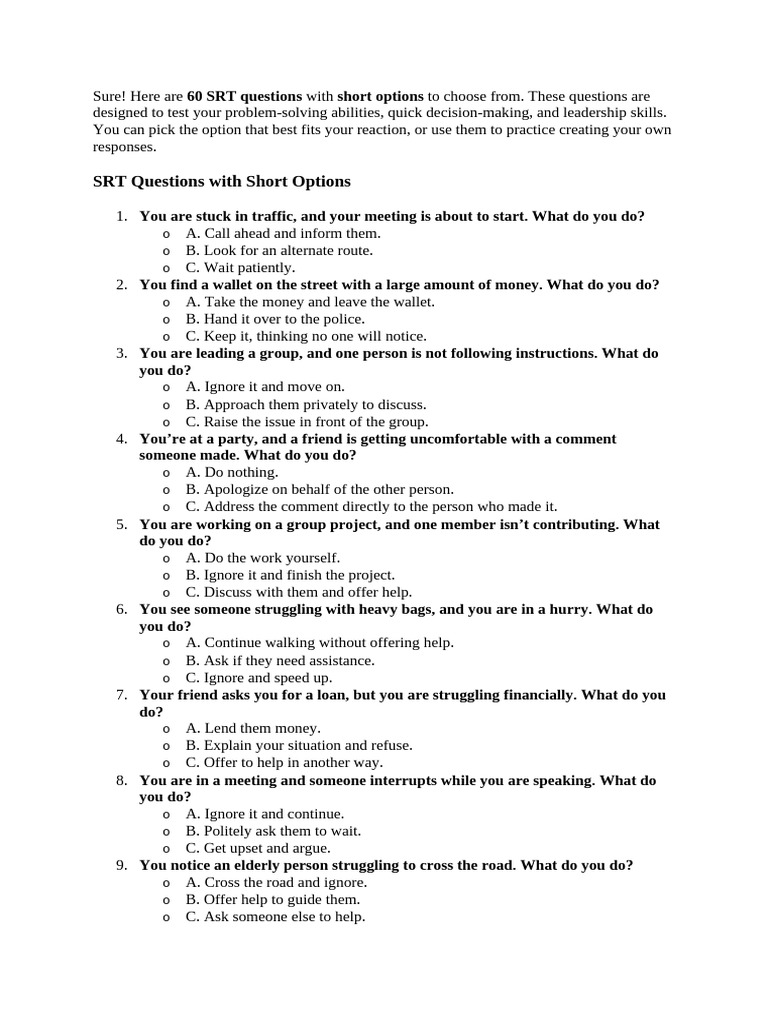 60 SRT Questions for Leadership Skills | PDF | Social Psychology