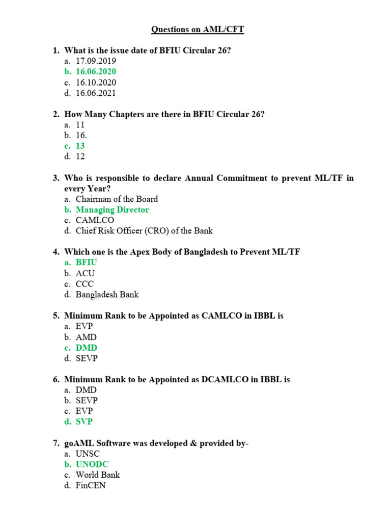 AML CFT Questions With Answer 10.05.2022 | PDF | Financial Regulation ...