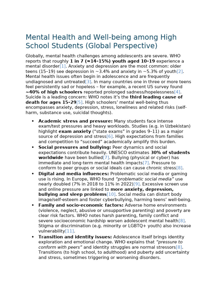 Mental Health and Well-Being Among High School Students (Global ...