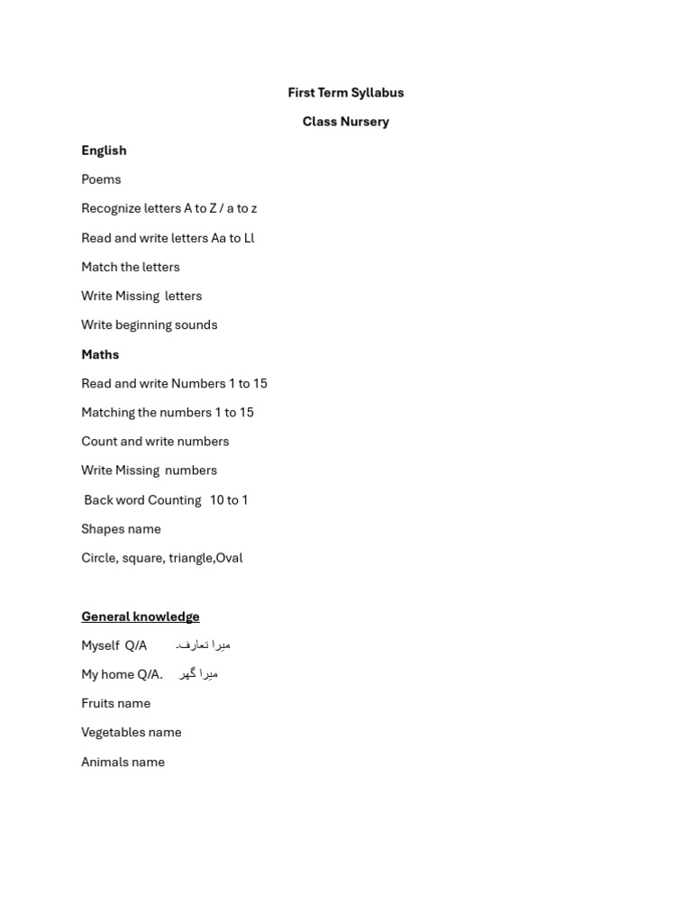 2025 First Term Syllabus Nursery | PDF