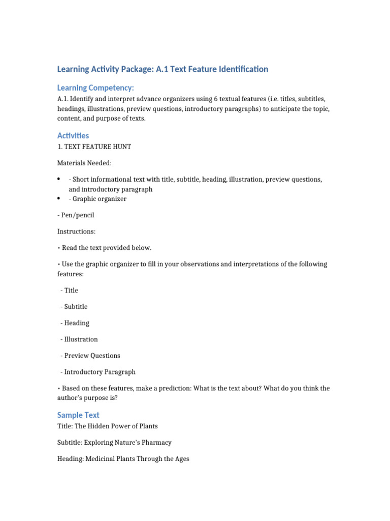 Text Feature Identification Activity | PDF