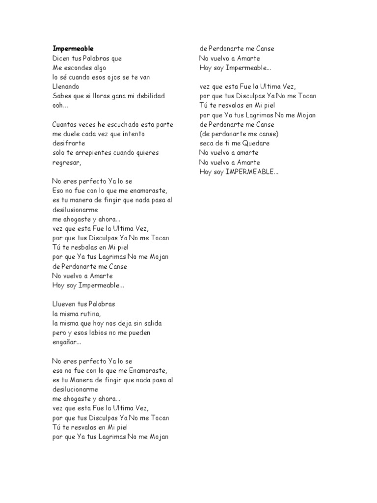 Letras de Canciones: Impermeable | PDF | Amor | Ocio