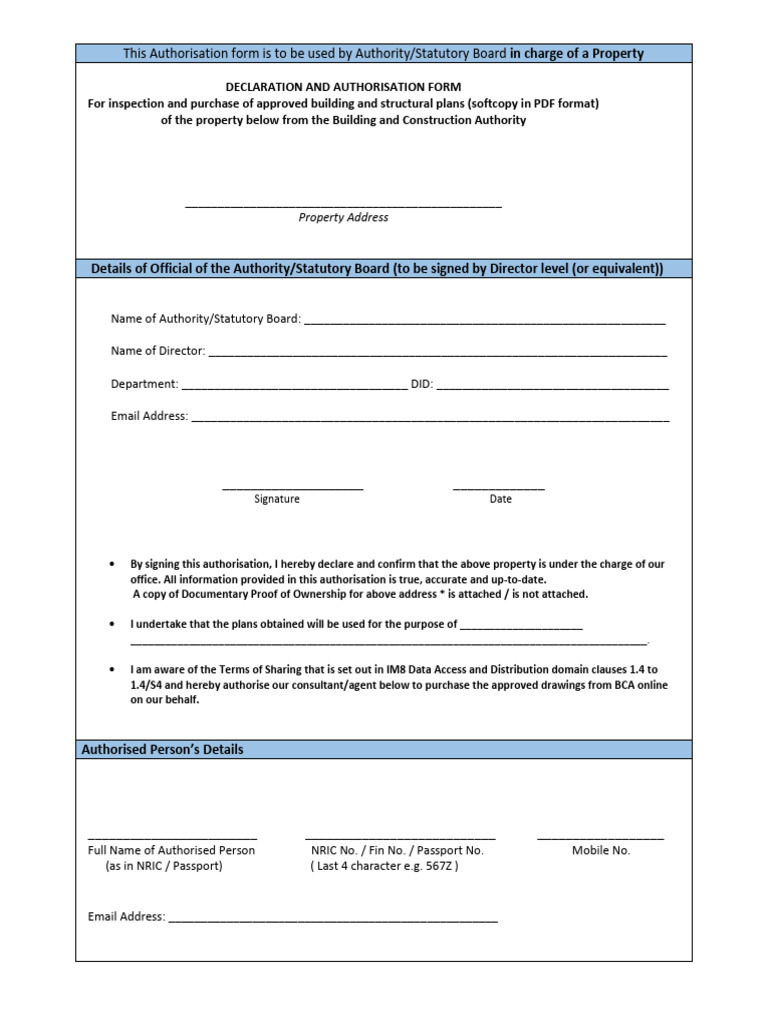 Property Authorisation Form for BCA Plans | PDF