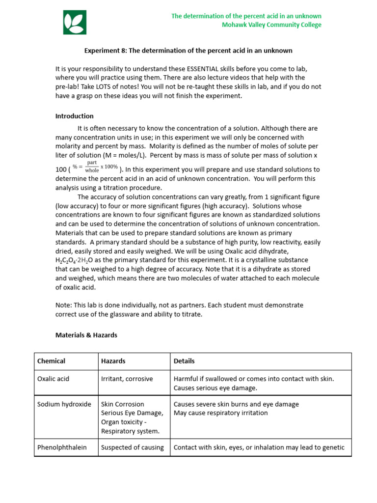 Percent Acid Determination Lab Guide | PDF | Titration | Chemistry