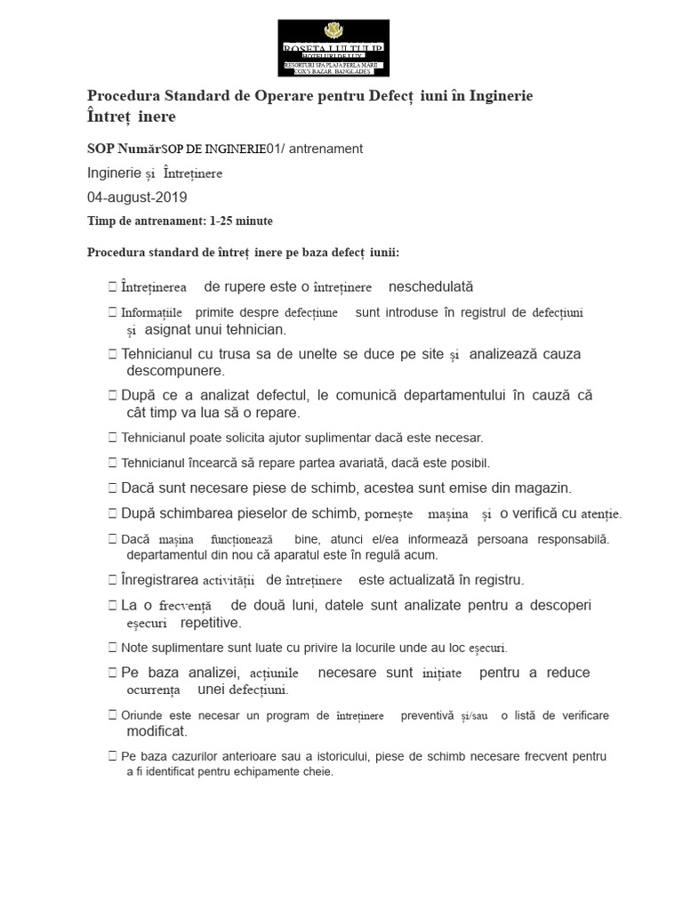 Procedura Standard de Operare Pentru Mentenanța Corectivă În Inginerie ...