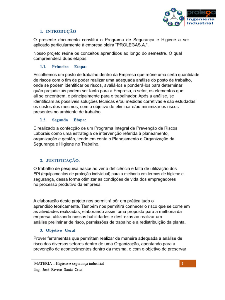 Programa de Segurança e Higiene na Prolega | PDF | Avaliação de risco