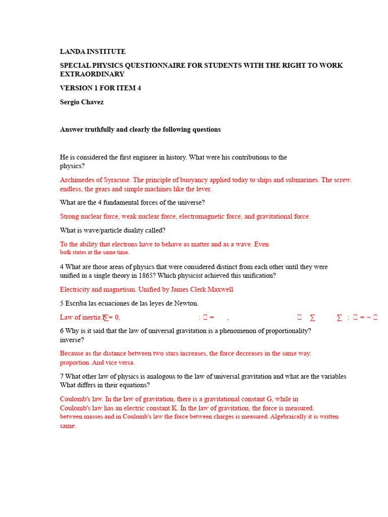 Physics Questionnaire for Students | PDF | Force | Acceleration