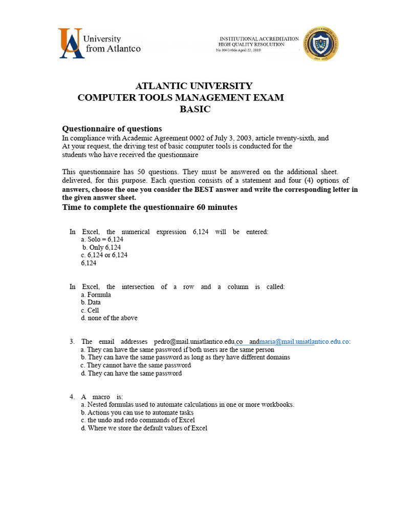 Basic Computer Tools Exam Questionnaire | PDF | Microsoft Excel | Computing