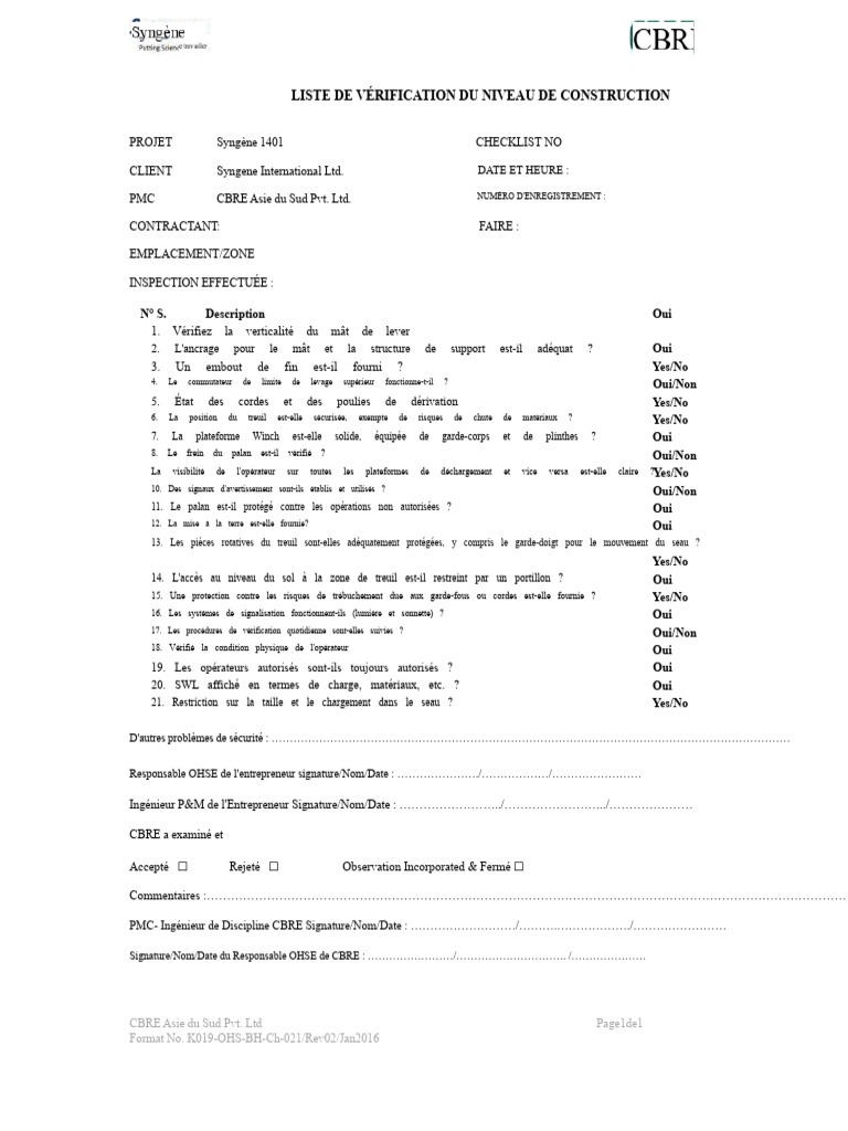 Checklist de sécurité pour construction Syngène | PDF