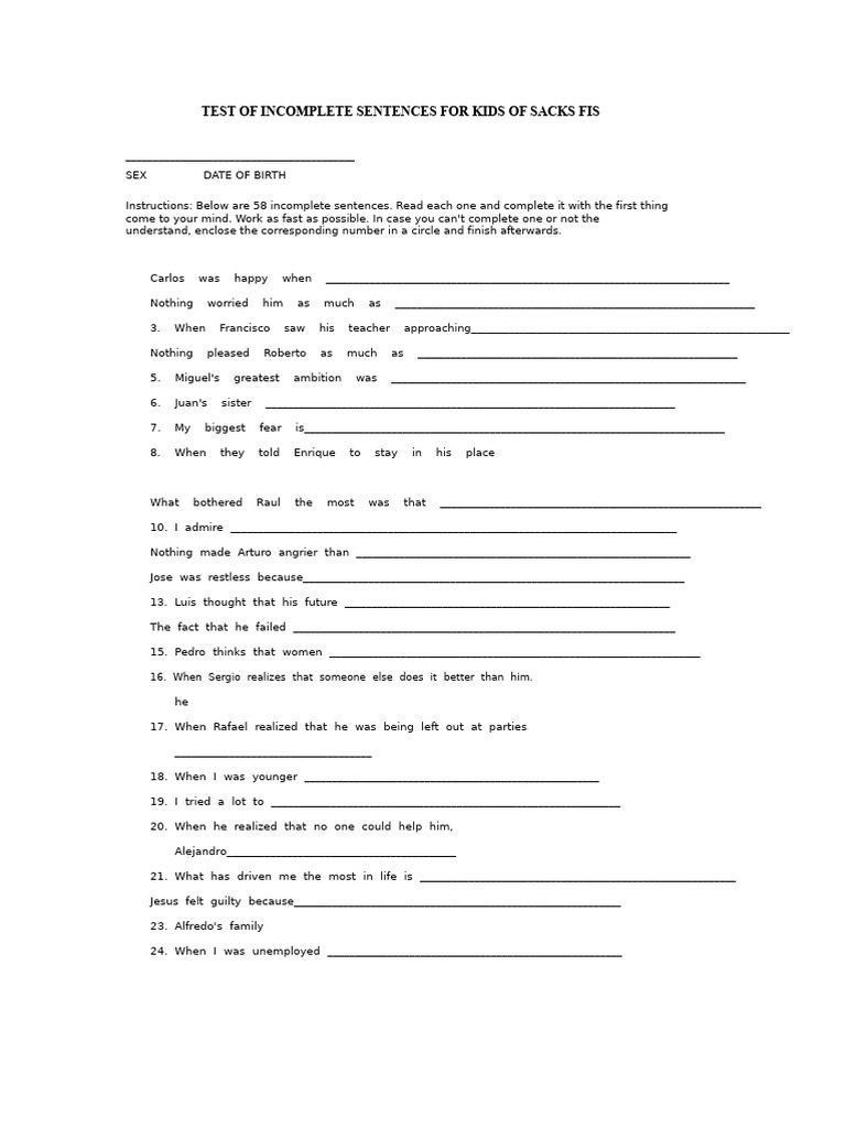 Incomplete Sentences Test for Kids | PDF | Psychology