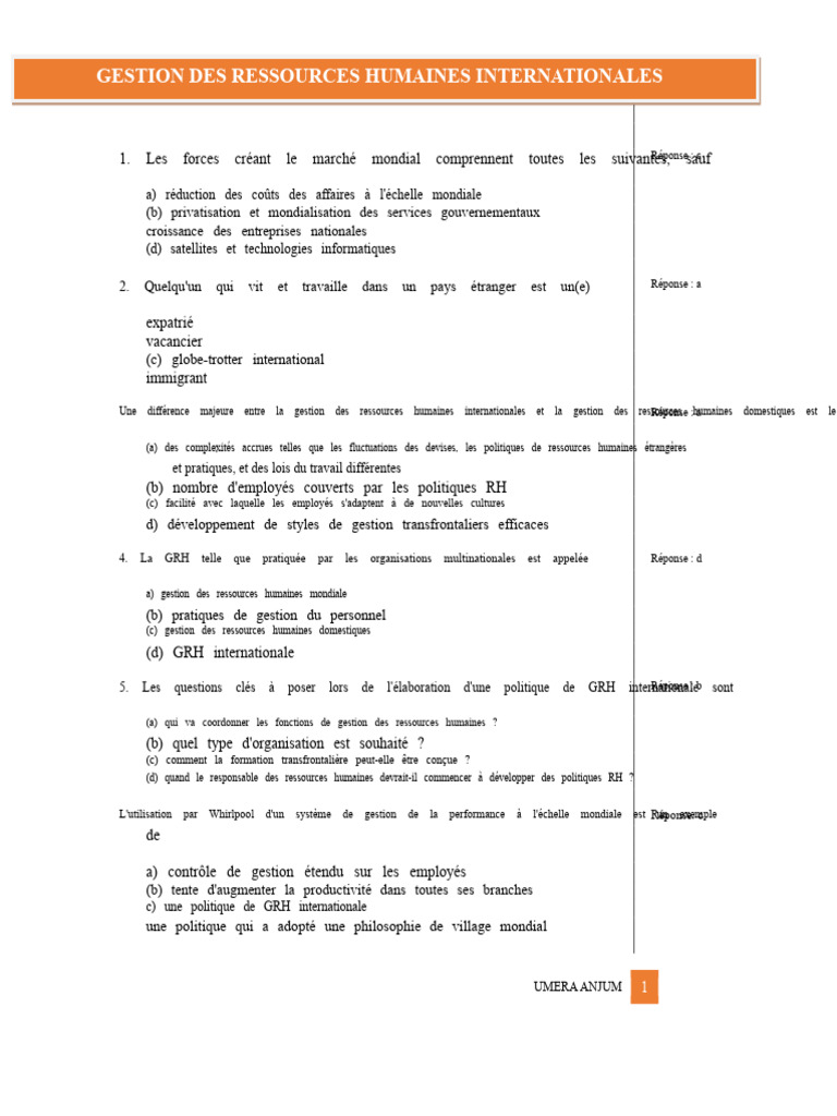 Gestion des Ressources Humaines Internationales | PDF | Gestion des ...
