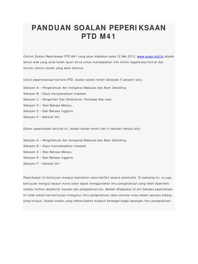Panduan Soalan Peperiksaan Ptd M41 Pdf